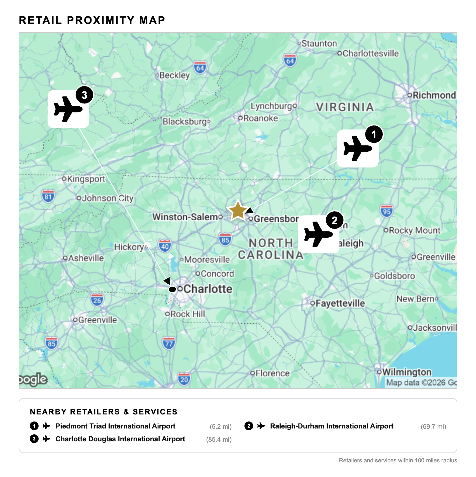 Retail proximity map — 100 miles radius