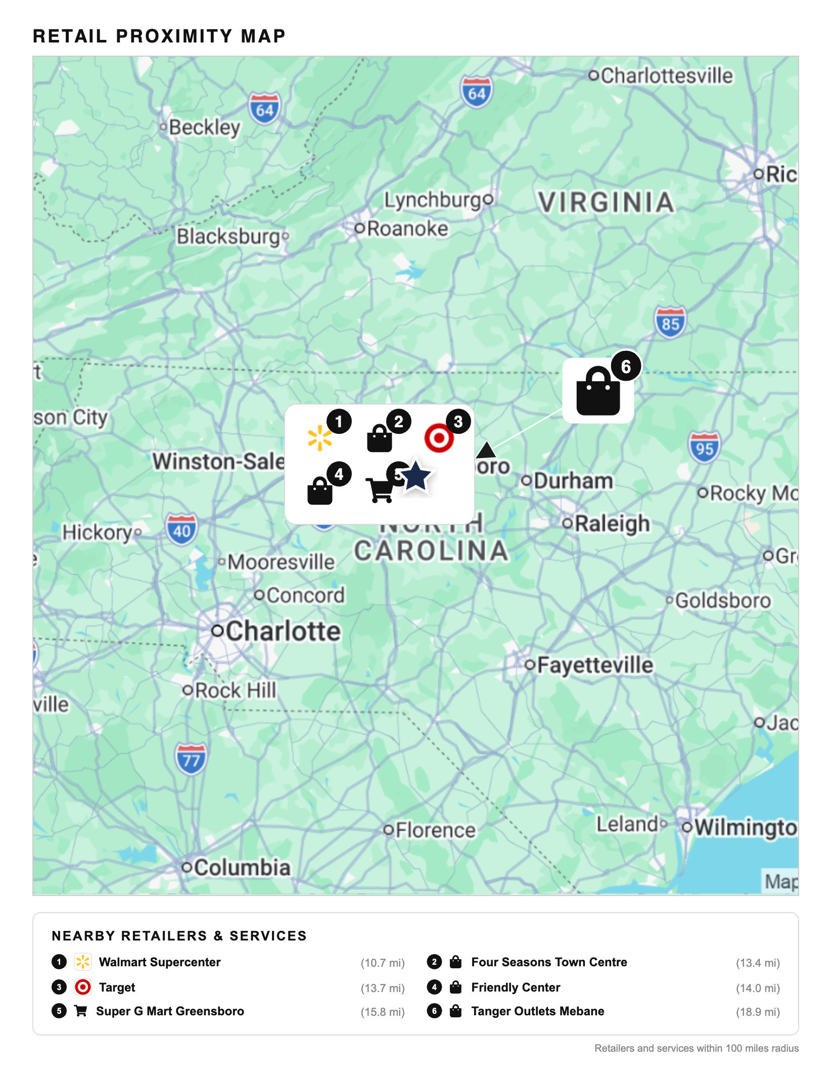 Retail proximity map — 100 miles radius