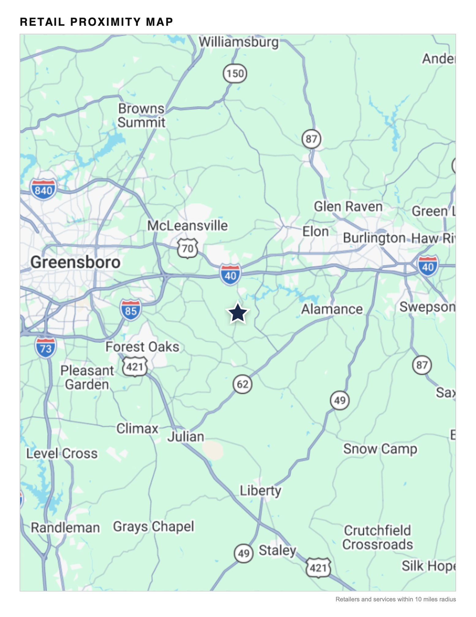 Retail proximity map — 10 miles radius