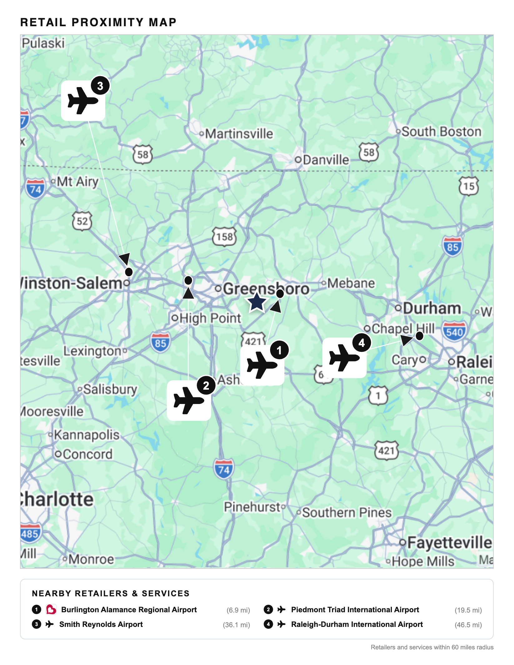 Retail proximity map — 60 miles radius