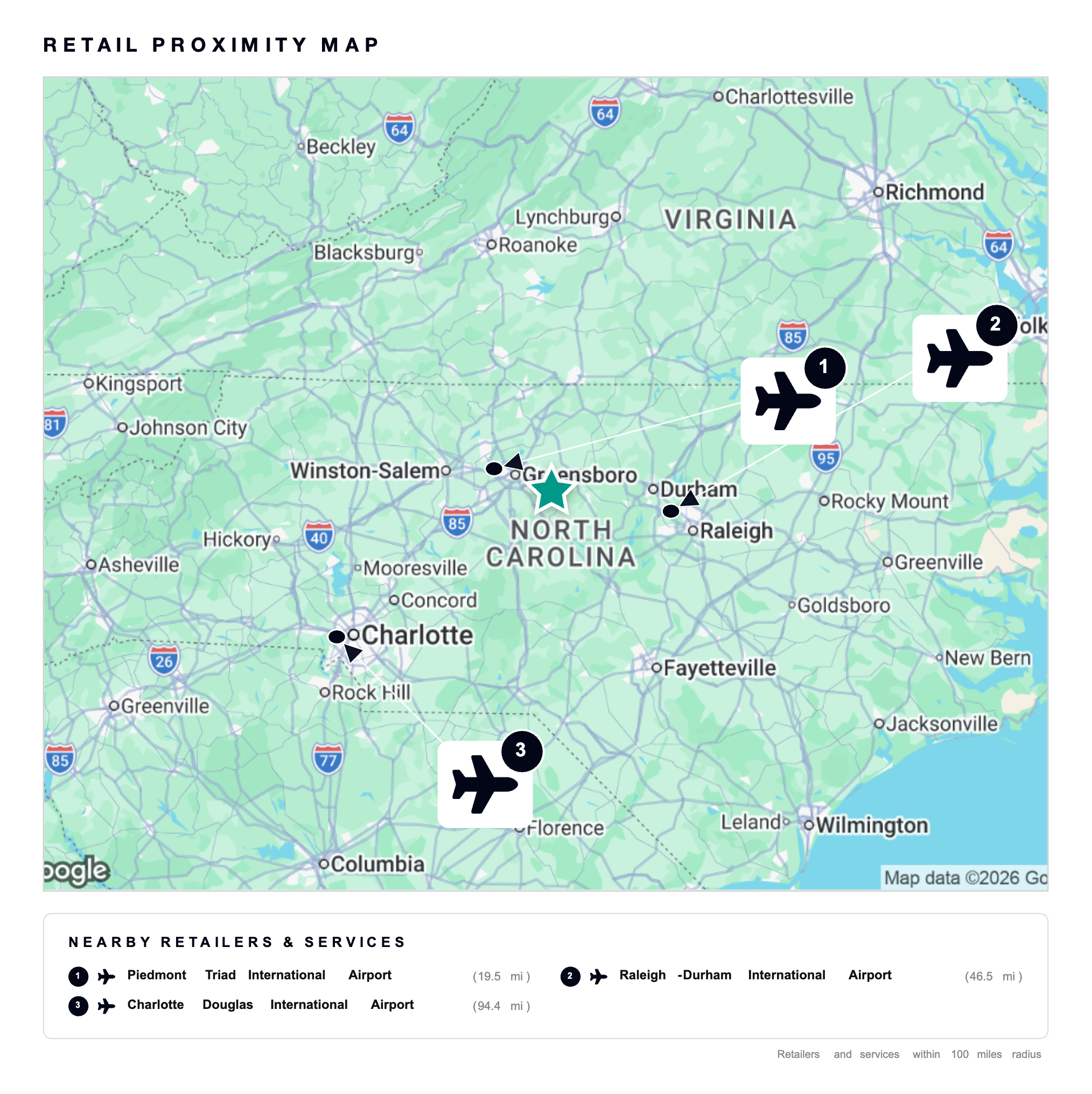 Retail proximity map — 100 miles radius